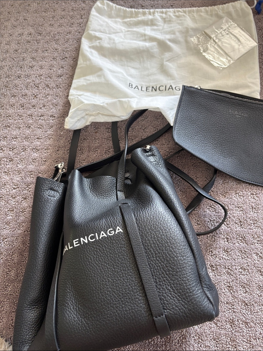 Balenciaga Black Pebbled Leather Drawstring Backpack with Pouch